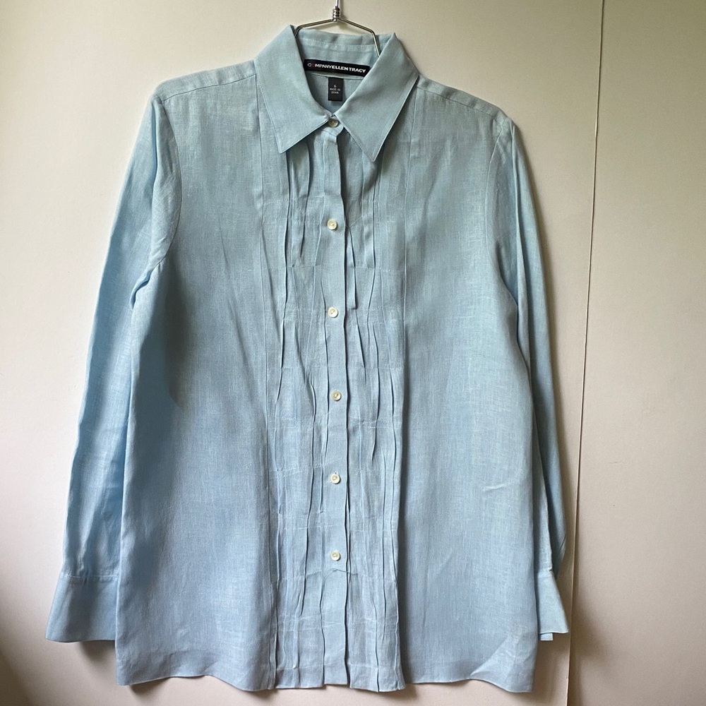 Ellen Tracy Light Blue Button-Up Linen Shirt Blouse Top